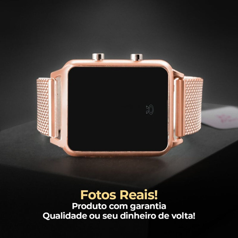 2 relogio feminino digital led aço + oculos sol + caixa