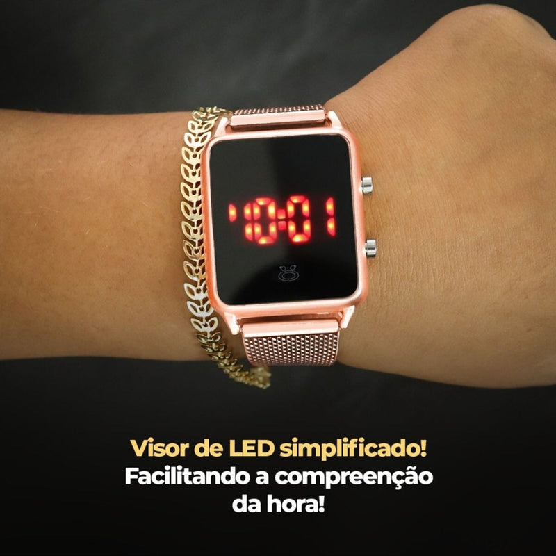 2 relogio feminino digital led aço + oculos sol + caixa