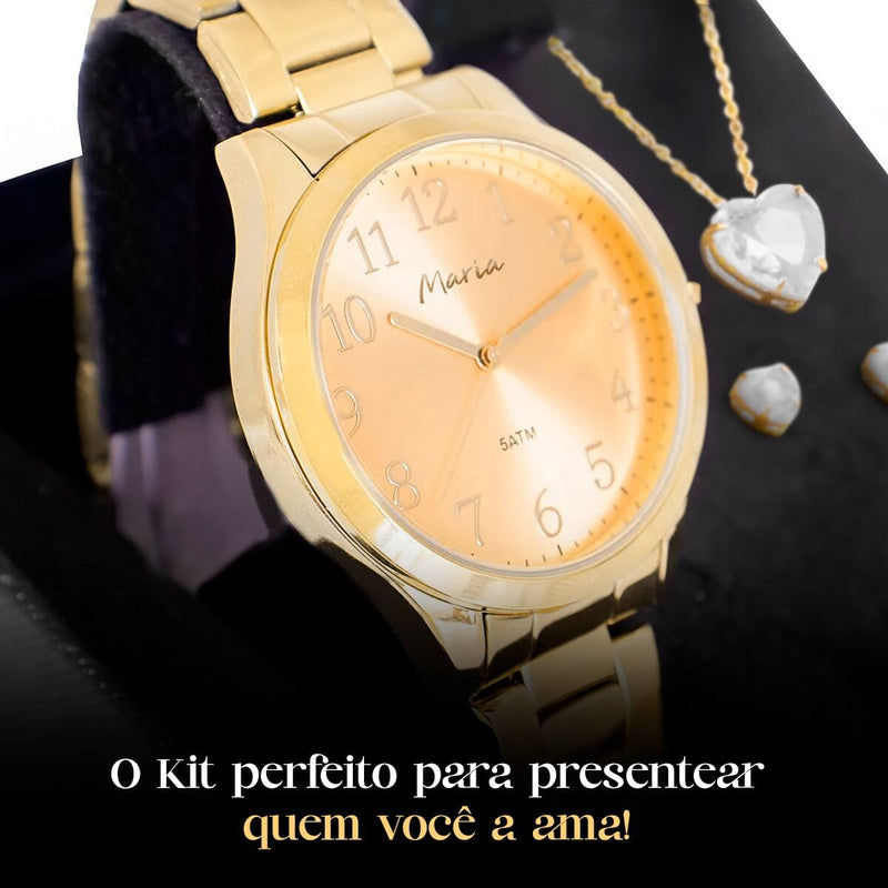 caixa + brincos + relogio feminino aço inox dourado