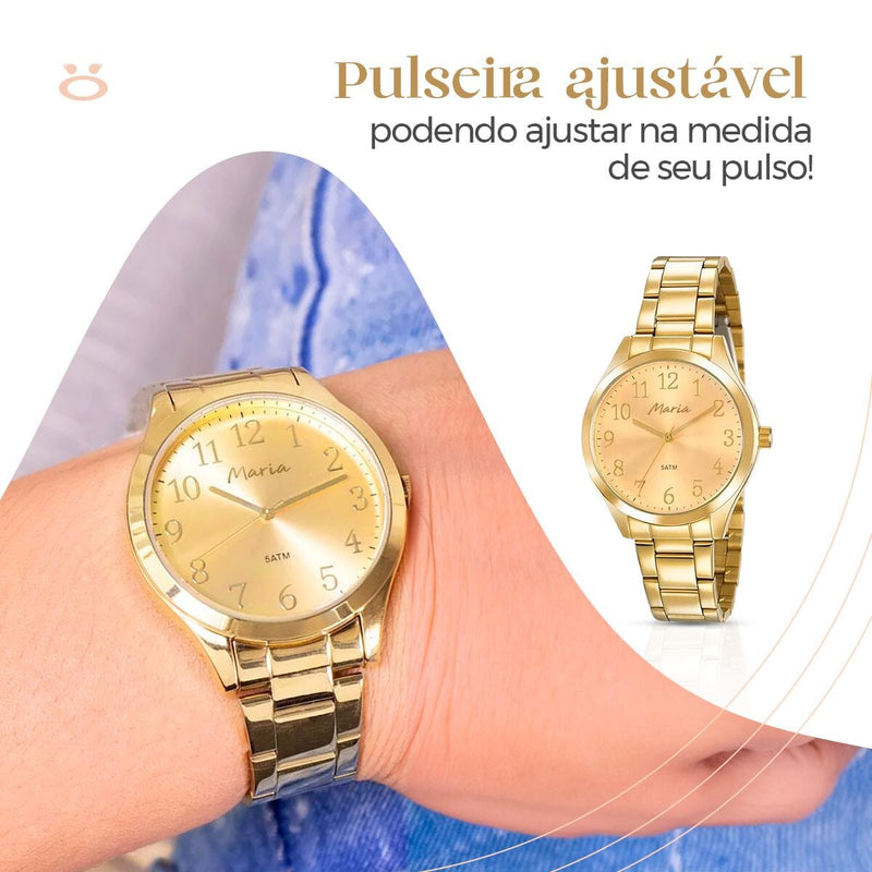 caixa + brincos + relogio feminino aço inox dourado