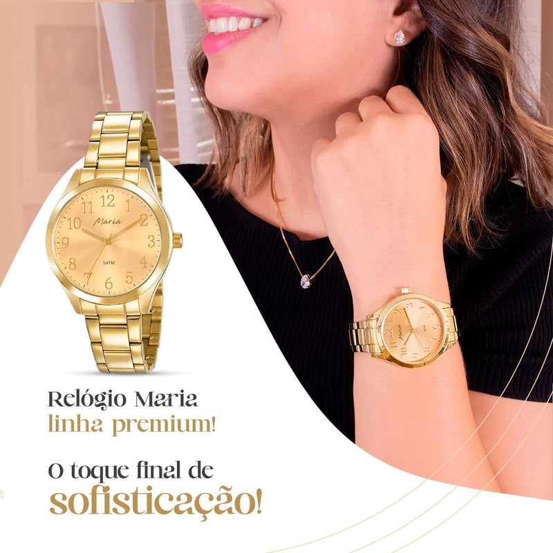 caixa + brincos + relogio feminino aço inox dourado