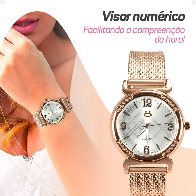 Caixa + oculos sol + pulseira + relogio feminino aço rose