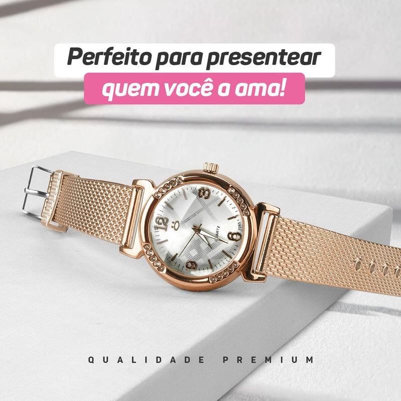 Caixa + oculos sol + pulseira + relogio feminino aço rose