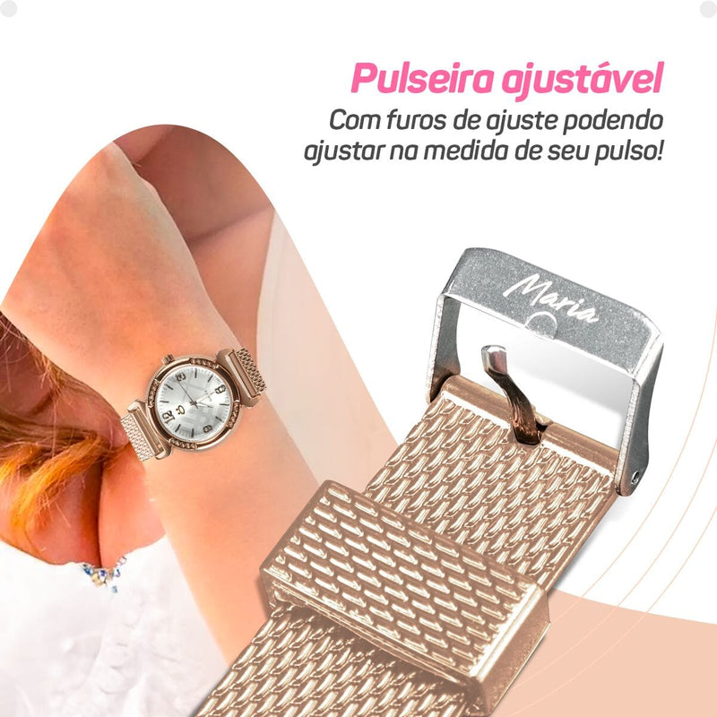 Caixa + oculos sol + pulseira + relogio feminino aço rose