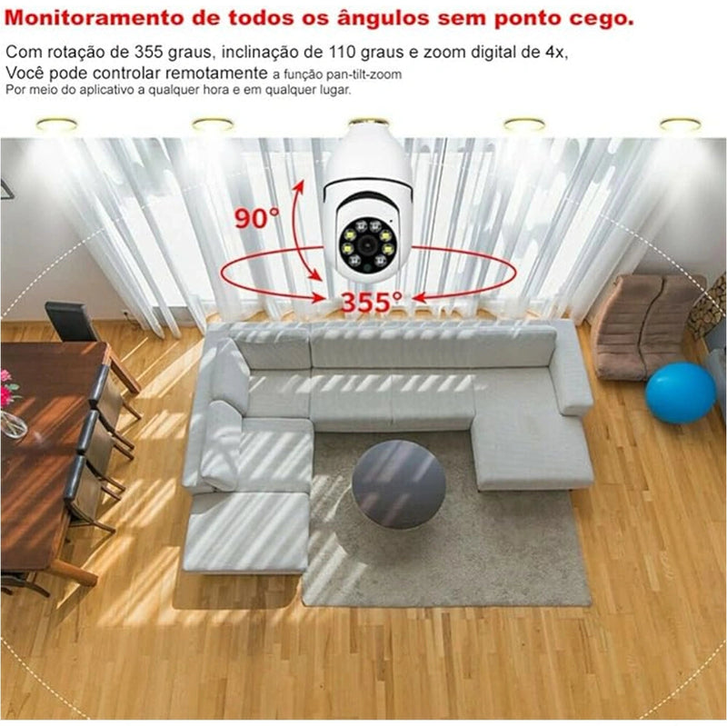 Câmera de Segurança Lâmpada Giratória 360º WiFi 1080P