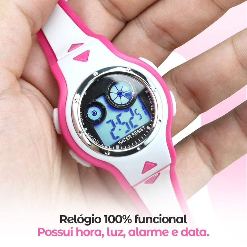 Case premium + relogio digital led rosa infantil + oculos