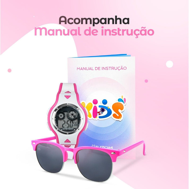 Case premium + relogio digital led rosa infantil + oculos