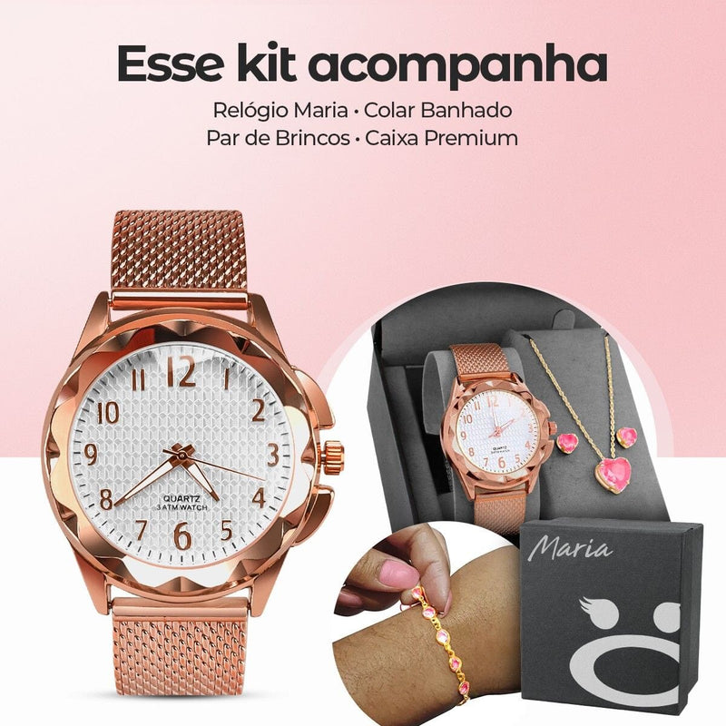 colar + pulseira + relogio feminino dourado prova dagua