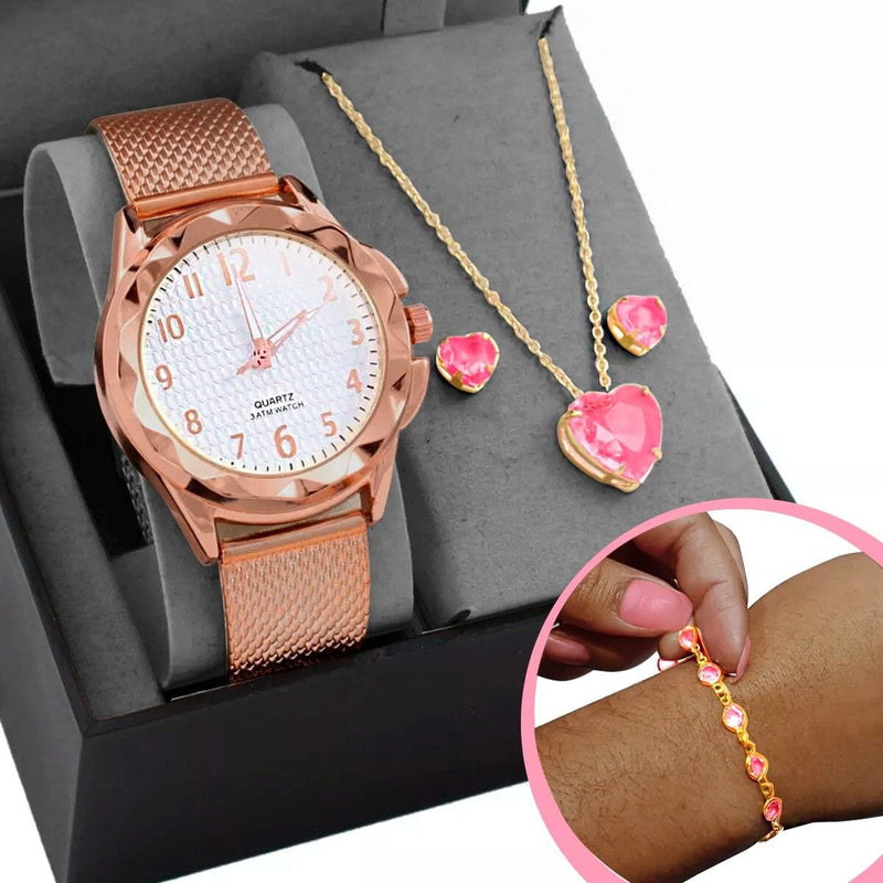 colar + pulseira + relogio feminino dourado prova dagua