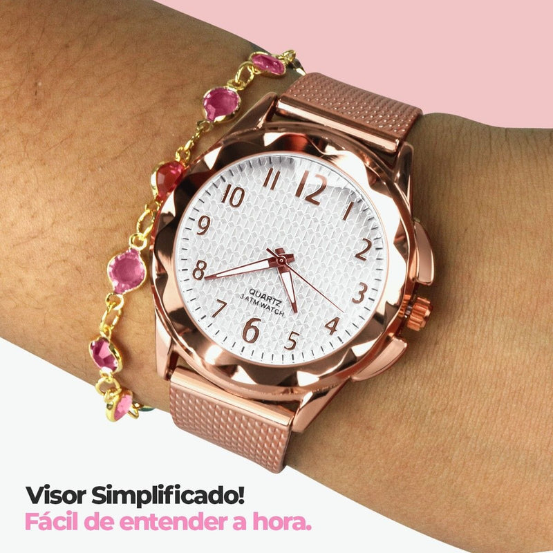 colar + pulseira + relogio feminino dourado prova dagua