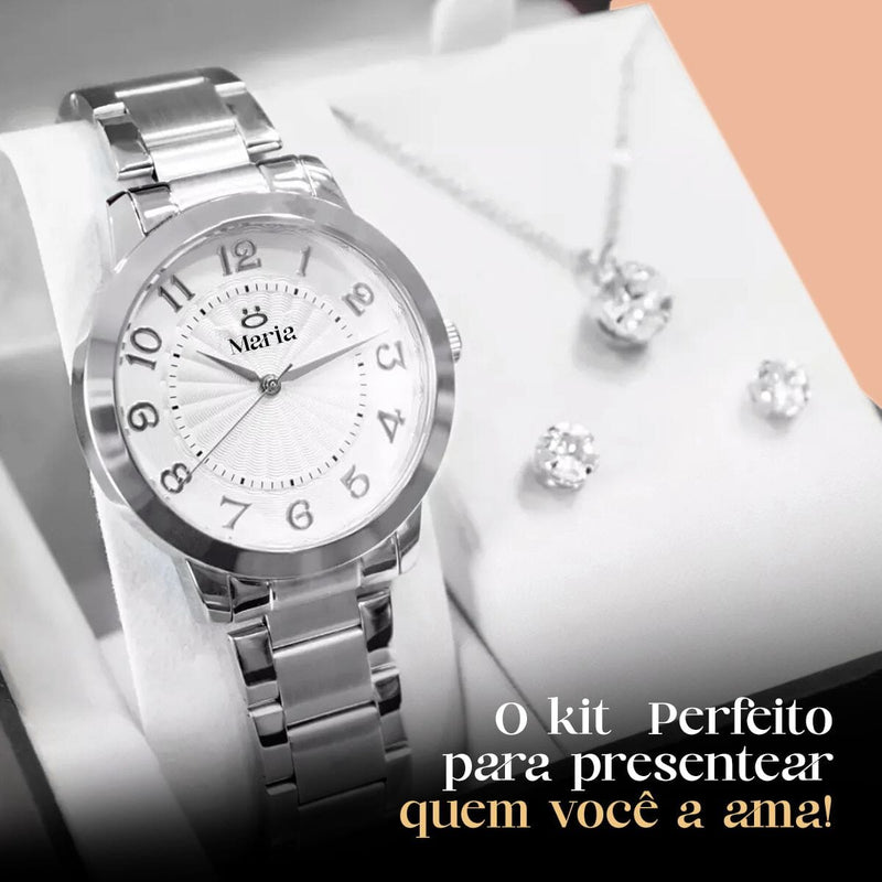 Colar strass + relogio feminino aço inox + caixa + brincos