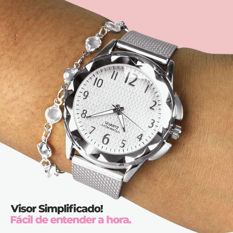 Colar strass + relogio feminino prova dagua aço inox