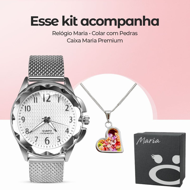 Colar strass + relogio feminino prova dagua aço inox