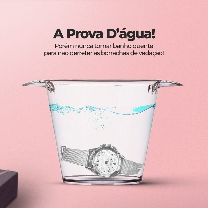 Colar strass + relogio feminino prova dagua aço inox