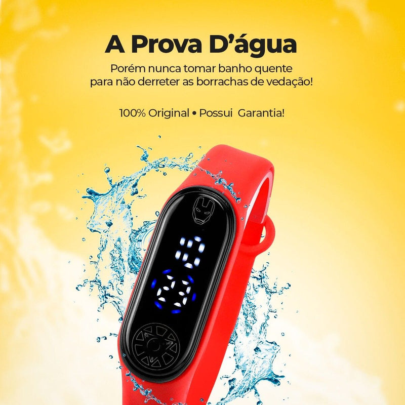 Copo homem ferro + relogio digital led prova dagua infantil