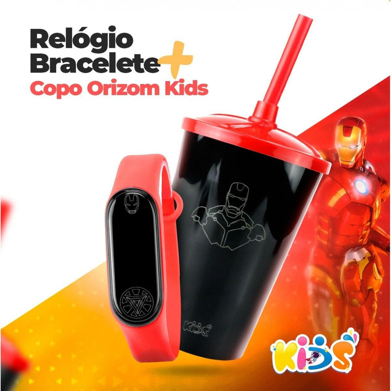 Copo homem ferro + relogio digital led prova dagua infantil