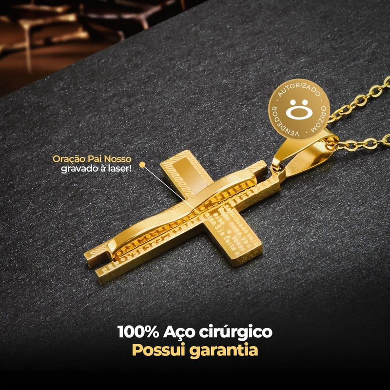 cordão banhado ouro + caixa + pingente crucifixo pai nosso