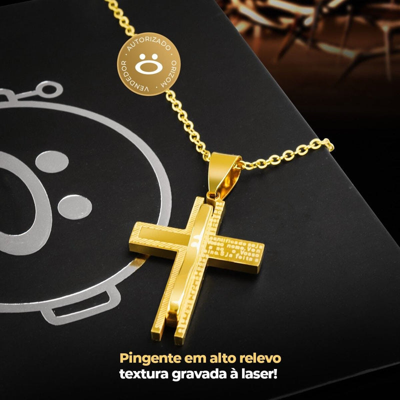 cordão banhado ouro + caixa + pingente crucifixo pai nosso