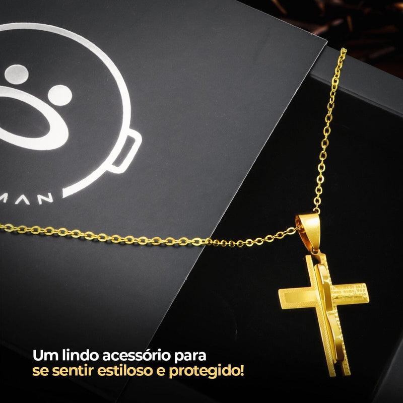 cordão banhado ouro + caixa + pingente crucifixo pai nosso