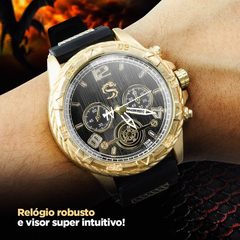 Cordão cruz + relogio masculino dourado aço inox preto