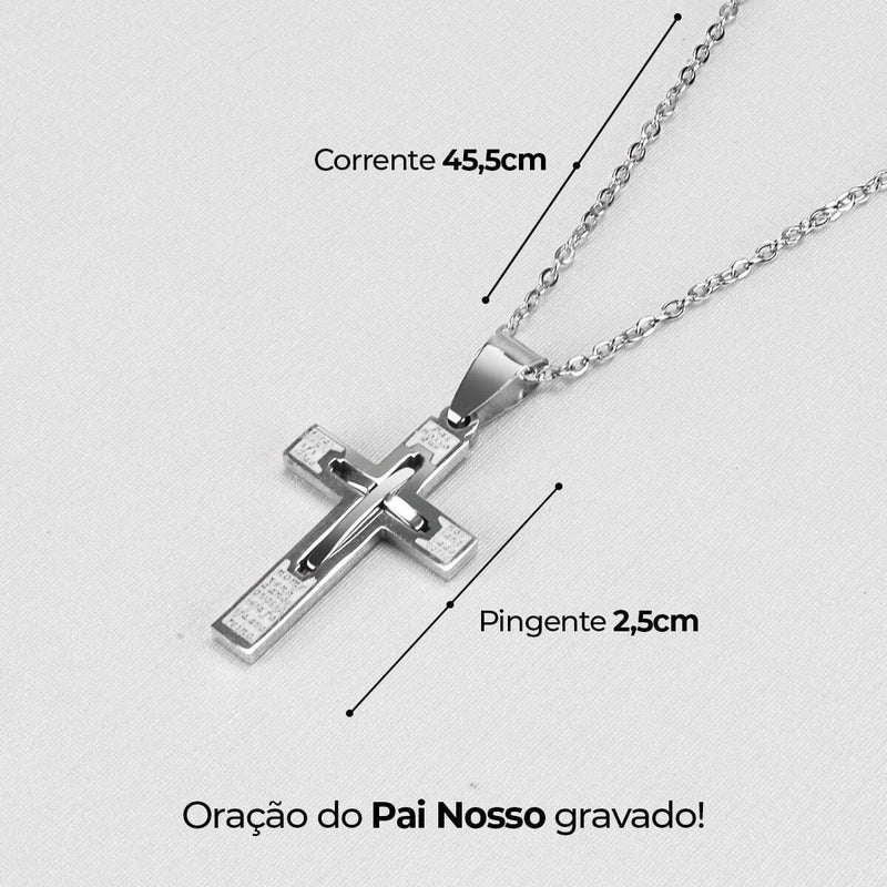 Corrente crucifixo + relogio aço inoxidavel preto casual