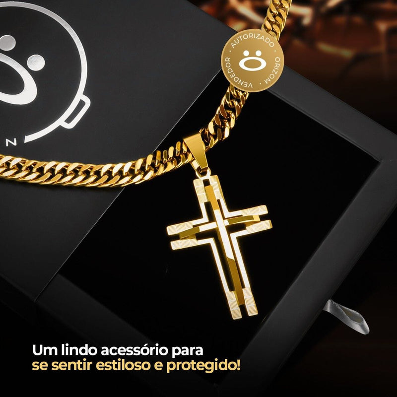 corrente + relogio masculino dourado aço analogico presente