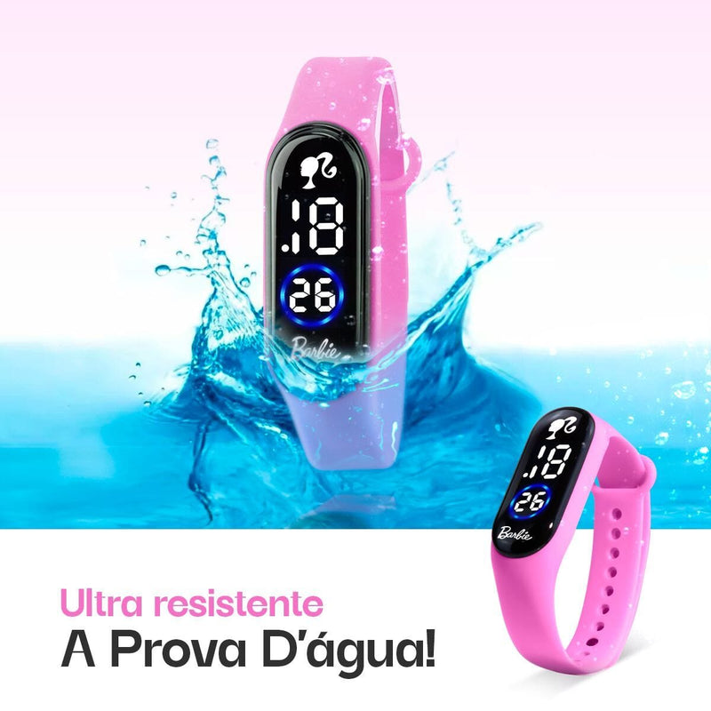 oculos proteção uv + relógio digital infantil rosa barbie