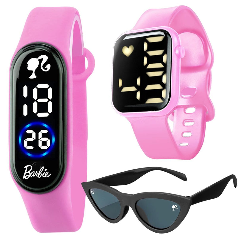 oculos proteção uv + relógio digital infantil rosa barbie