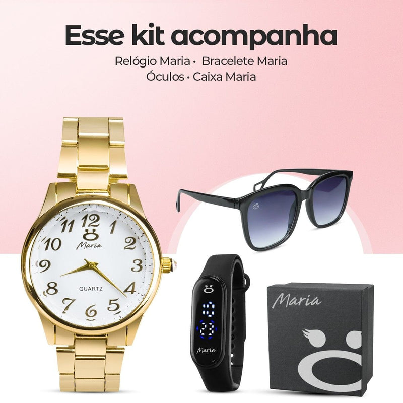 oculos protecao uv + relogio feminino dourado aço + caixa