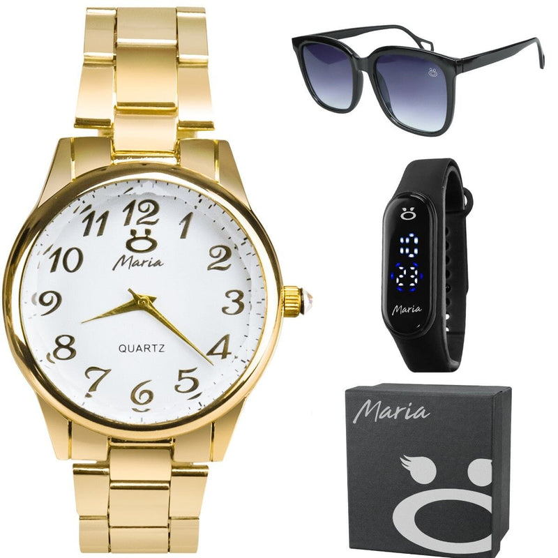 oculos protecao uv + relogio feminino dourado aço + caixa