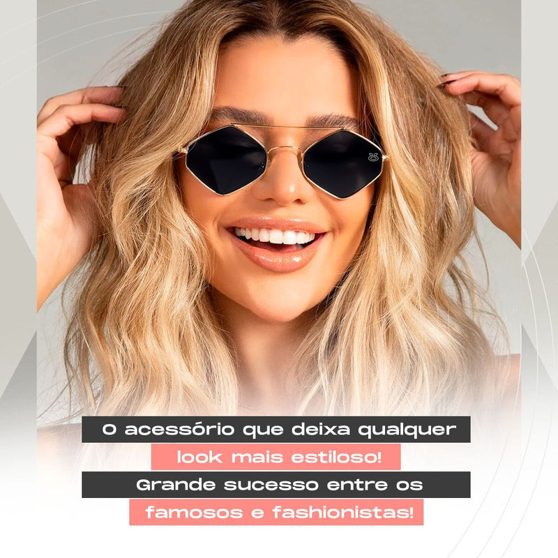 oculos sol feminino losango aço metal proteção uv + case maria