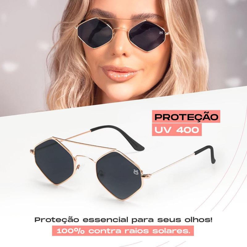 oculos sol feminino losango aço metal proteção uv + case maria