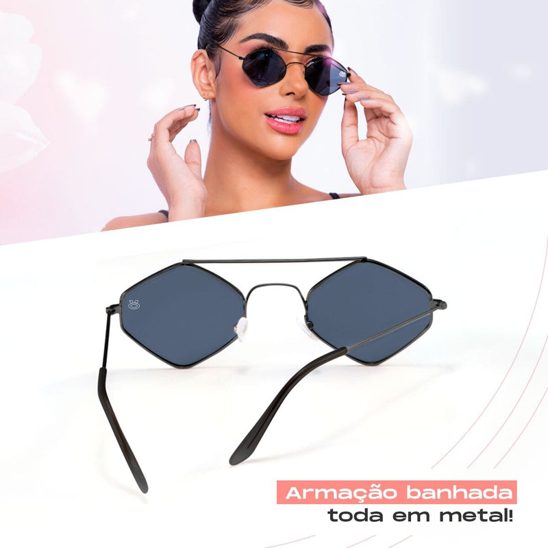 oculos sol feminino losango aço metal proteção uv + case maria