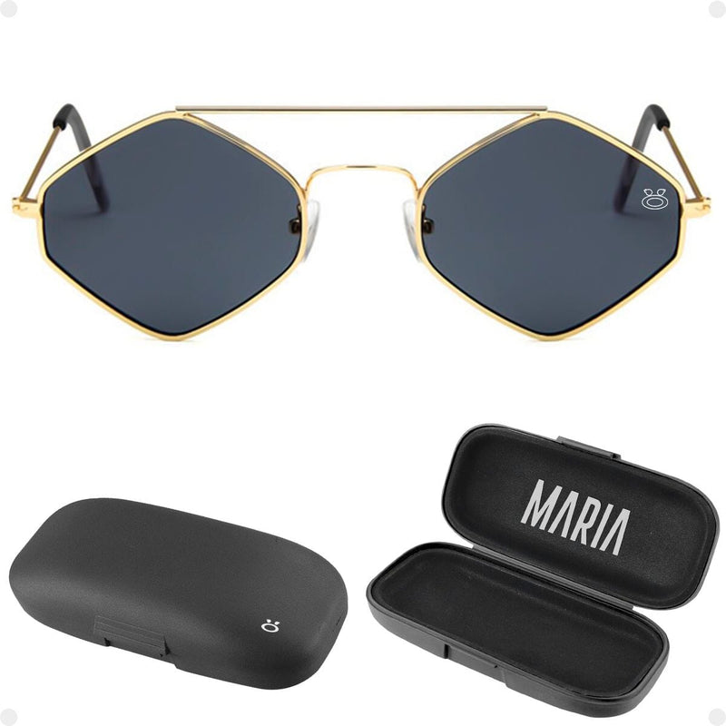 oculos sol feminino losango aço metal proteção uv + case maria