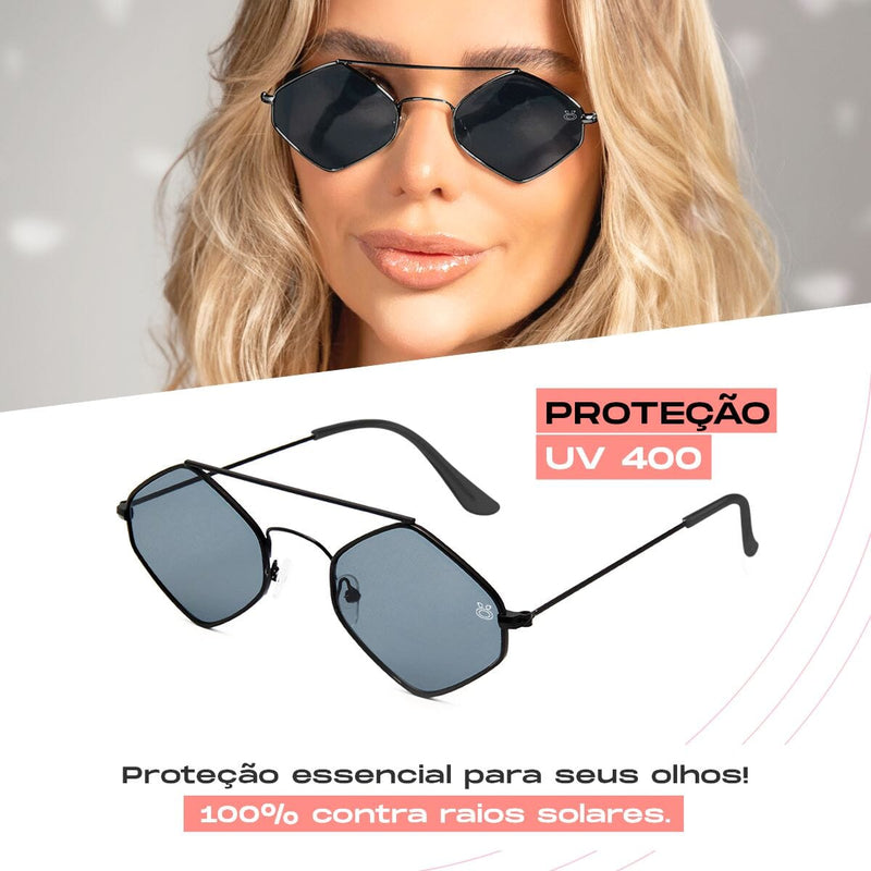 oculos sol feminino losango marrom metal proteção uv + case maria