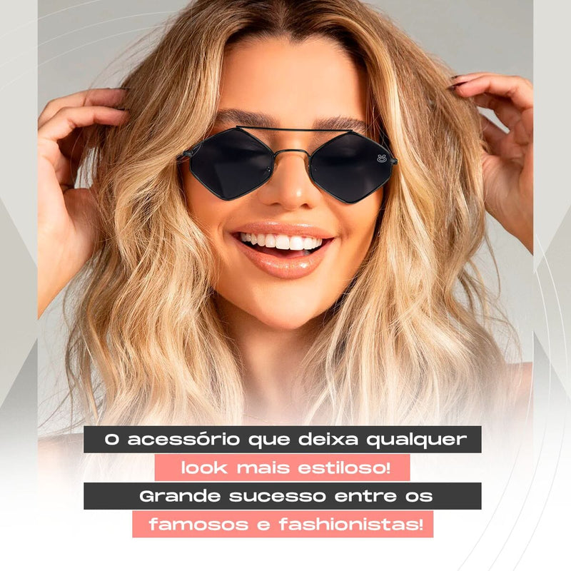 oculos sol feminino losango marrom metal proteção uv + case maria