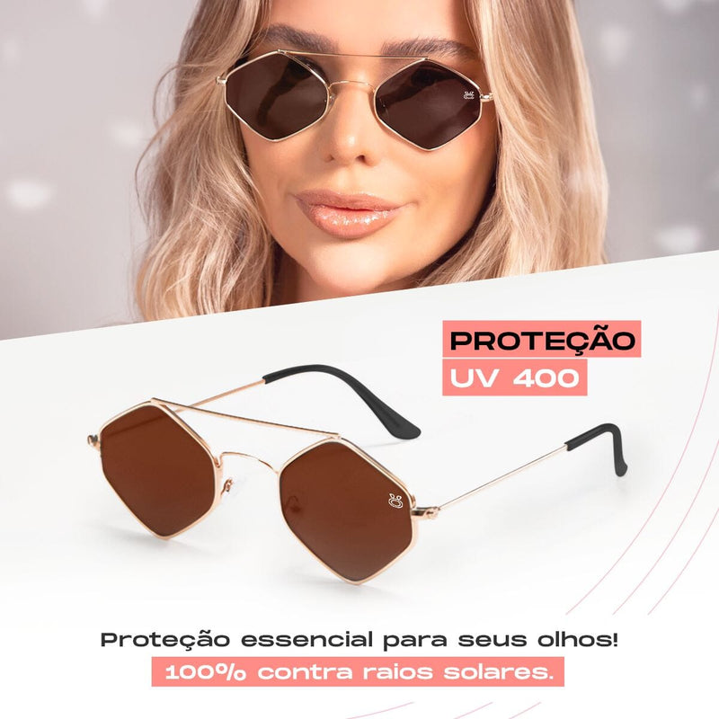 oculos sol feminino losango proteção uv marrom metal + case