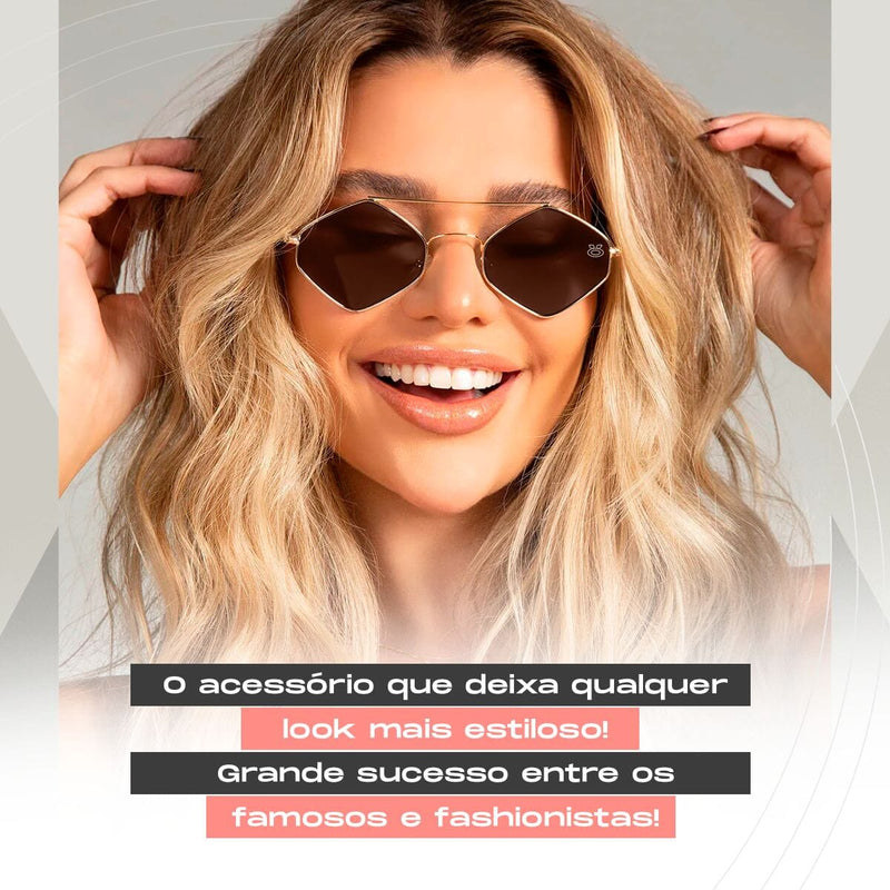 oculos sol feminino losango proteção uv marrom metal + case