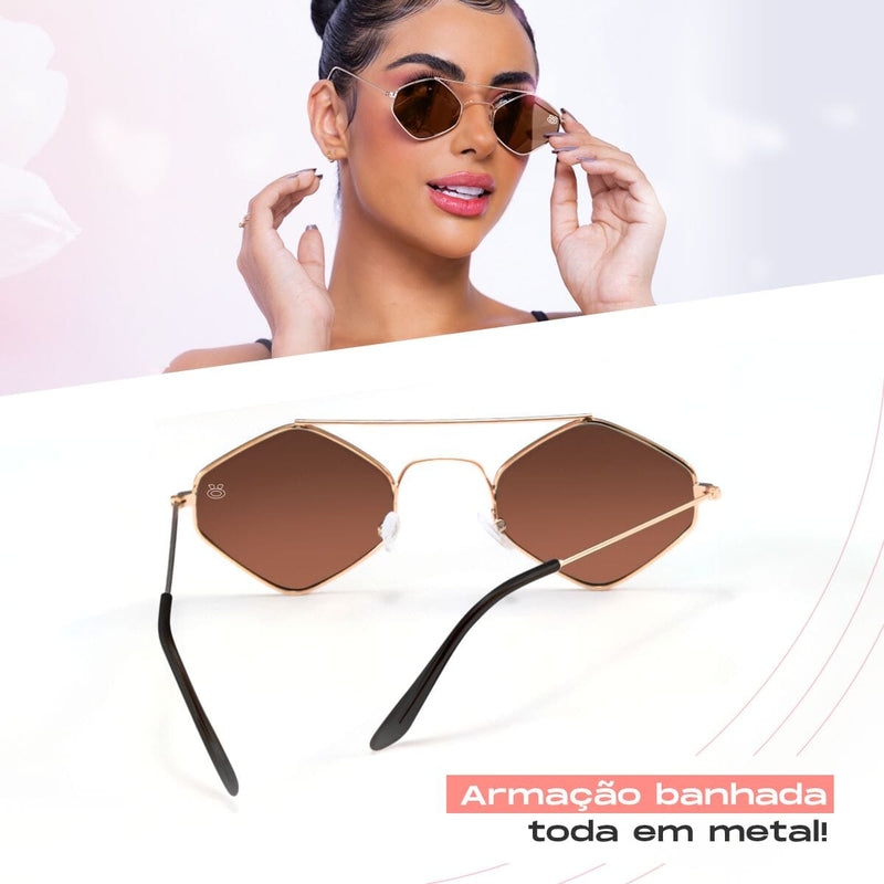 oculos sol feminino losango proteção uv marrom metal + case