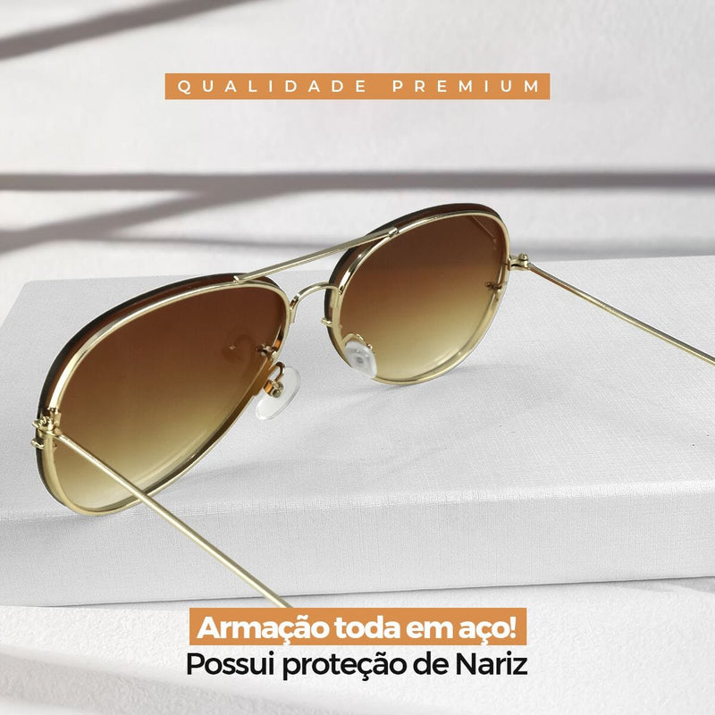 oculos sol feminino marrom aço inoxidavel aviador + case