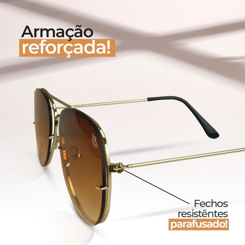 oculos sol feminino marrom aço inoxidavel aviador + case