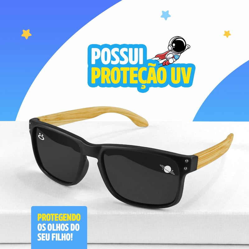 oculos sol infantil preto madeira praia proteção uv + case