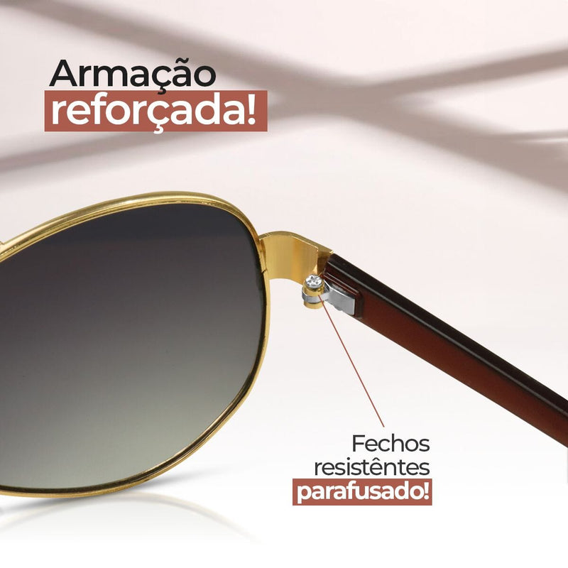 oculos sol masculino aviador aço inox banhado ouro case