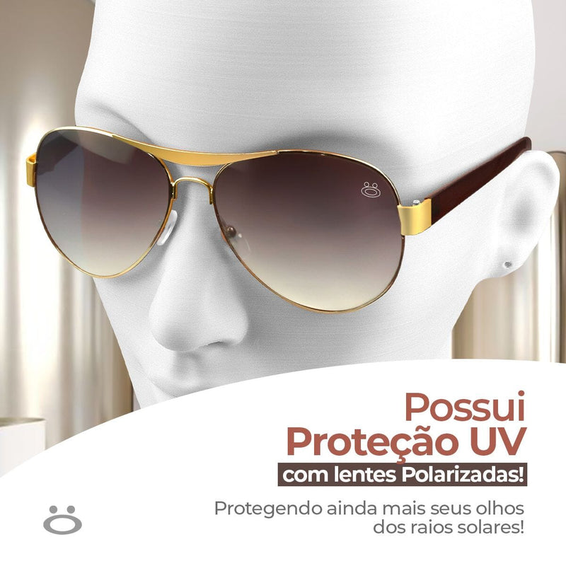 oculos sol masculino aviador aço inox banhado ouro case