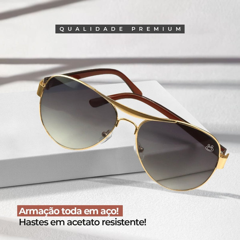 oculos sol masculino aviador aço inox banhado ouro case