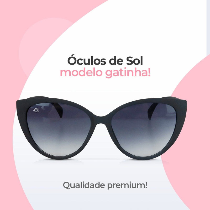 oculos sol preto gatinho feminino proteção uv + case