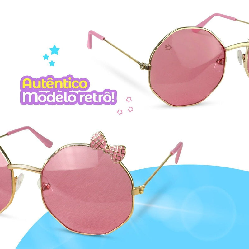 oculos sol retro hexagonal proteção uv rosa infantil + case