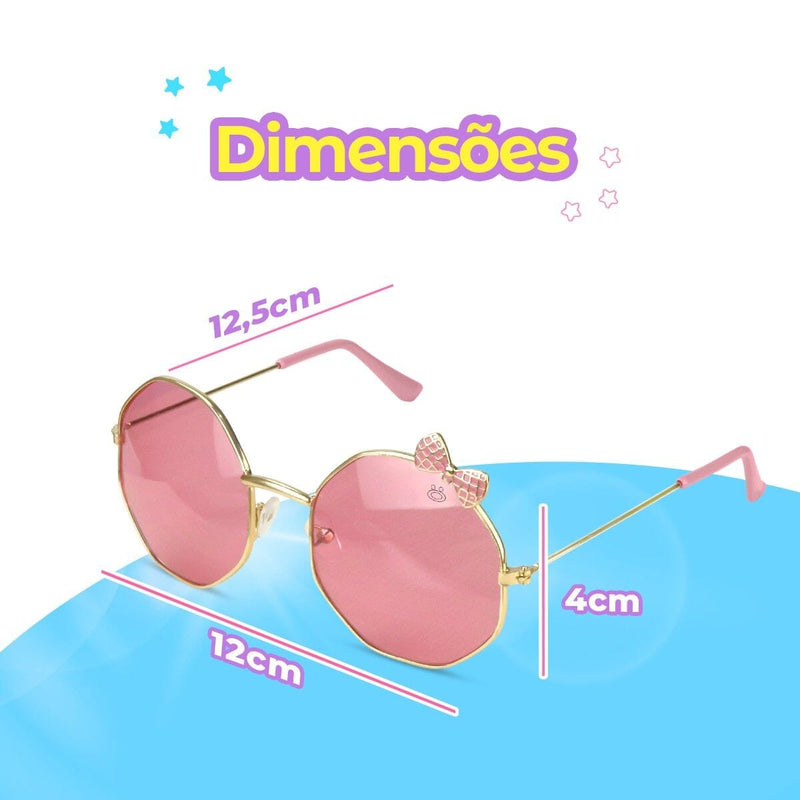 oculos sol retro hexagonal proteção uv rosa infantil + case