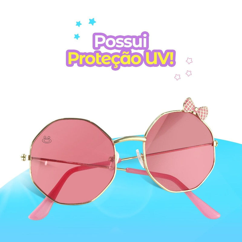 oculos sol retro hexagonal proteção uv rosa infantil + case