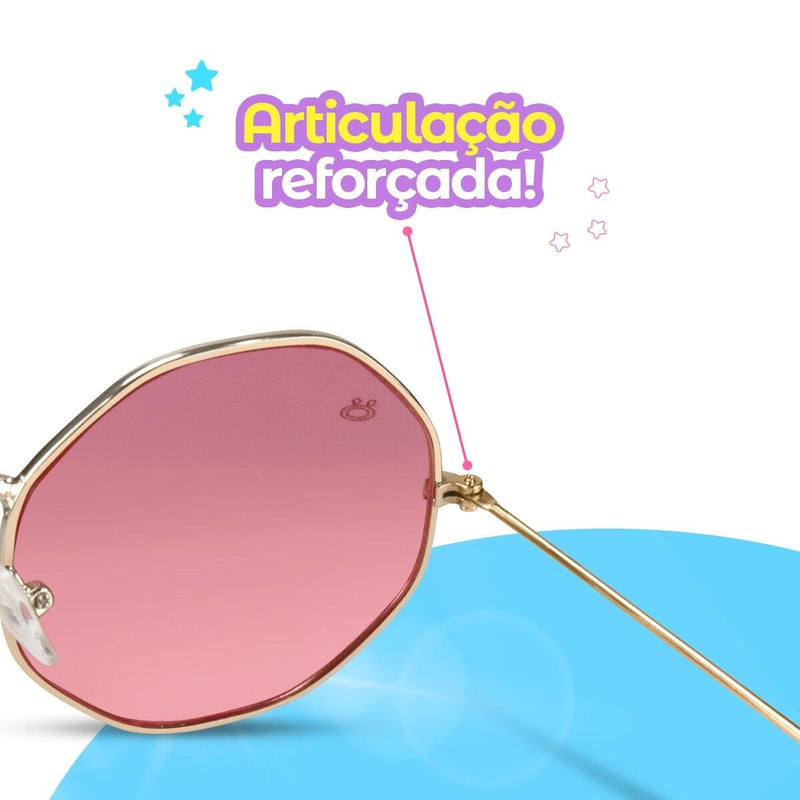 oculos sol retro hexagonal proteção uv rosa infantil + case